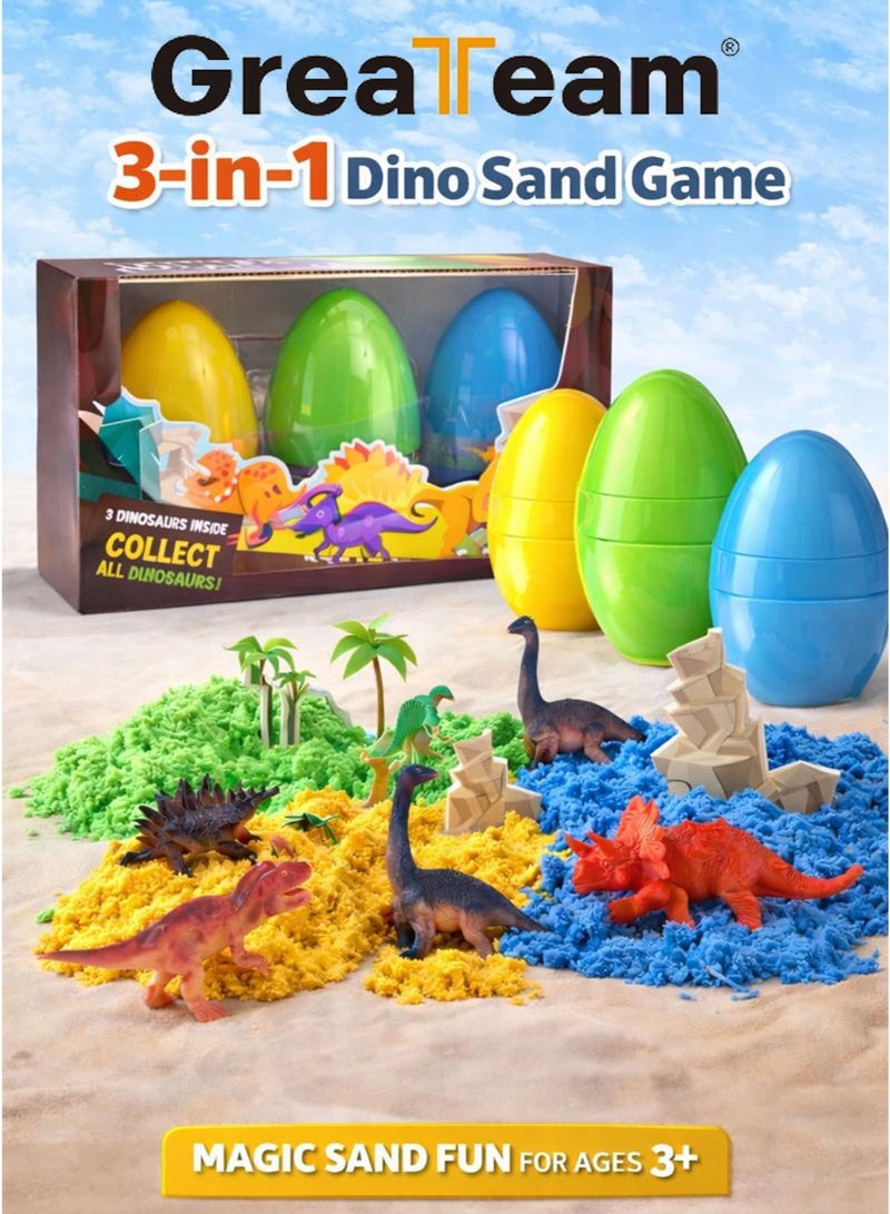 GreaTeam 3-in-1 Dino Sand Game Moving Sand Magic Kinetic Play Sand Sensory Toy Set for Kids Dinosaur Egg Pot Set x3 in Each Egg Pot Includes 1 Dinosaur Figure Inside Each Egg + 1 Decoration Card for Trees & Stones Soft Moldable Sand for Creative Play, Baby Fine Motor Skills & Hand-Eye Coordination Educational Learning Toy for Preschool & Kindergarten Indoor Activity, Screen-Free Playtime Gift for Boys & Girls Ages 3+ - Image 1